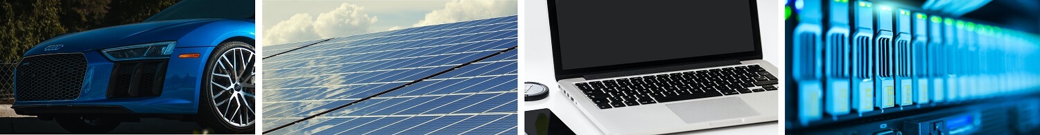 Four images: Electric car, solar panels, processing equipment, laptop.